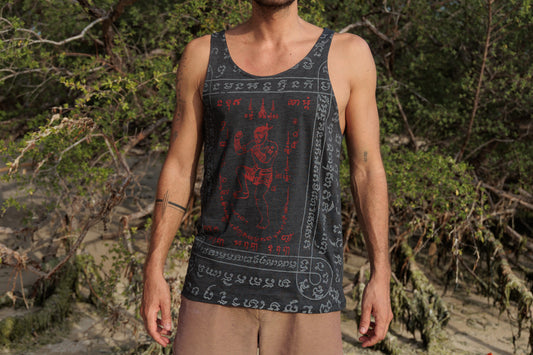 Patterned Sak Yant tank top for men in gray