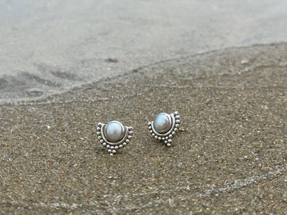 Silver half lotus flower stud earrings 