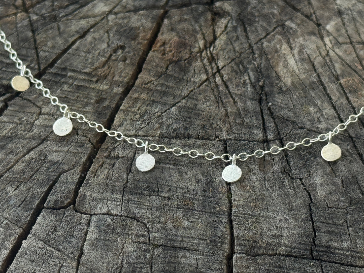 double row silver anklet with small pendant and tourmaline stones 