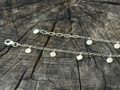 double row silver anklet with small pendant and tourmaline stones 