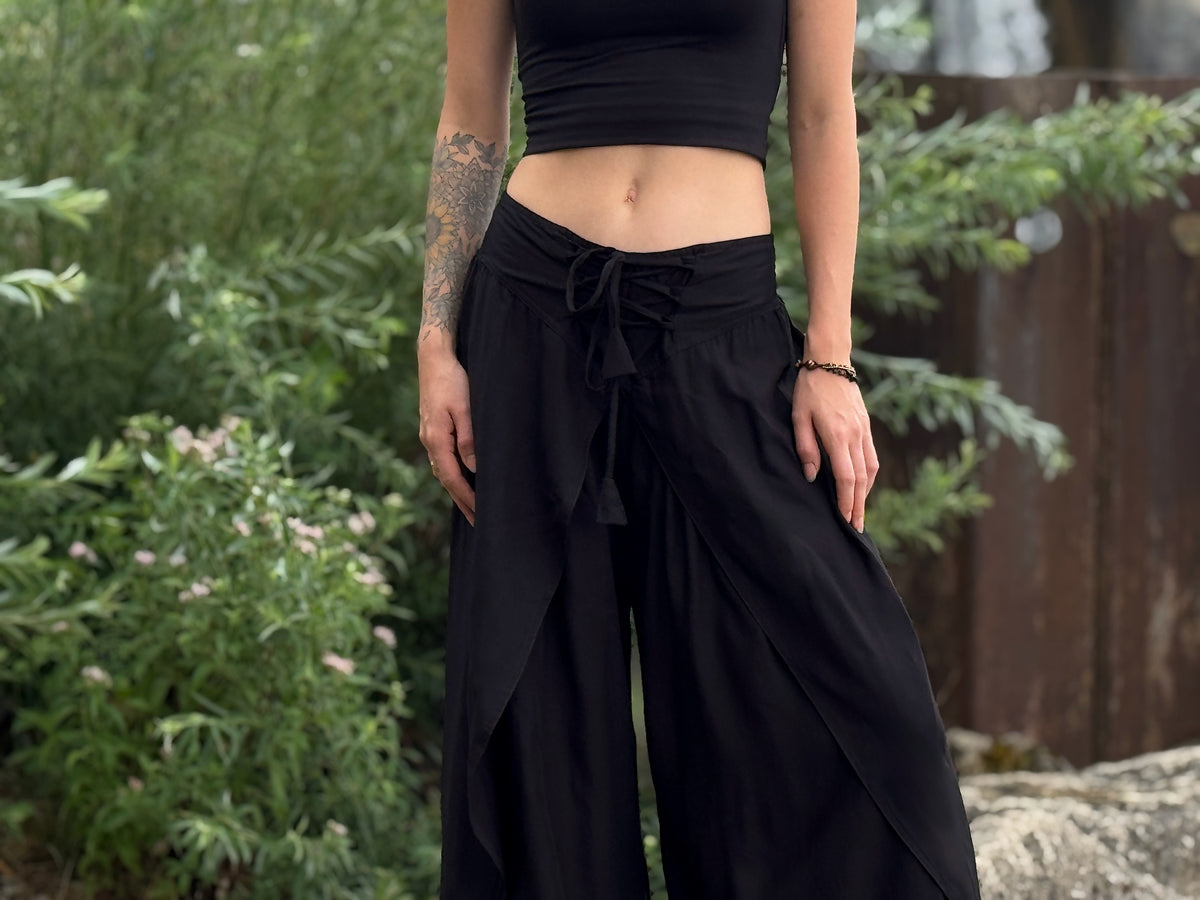 Boho Wickelhose für Damen in einfarbig schwarz