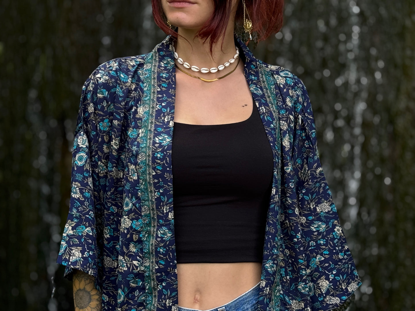 blue orange patterned kimono, blouse, cover-up, light jacket
