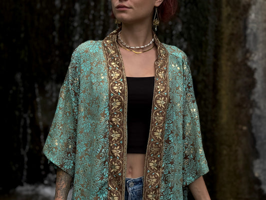 blue orange patterned kimono, blouse, cover-up, light jacket