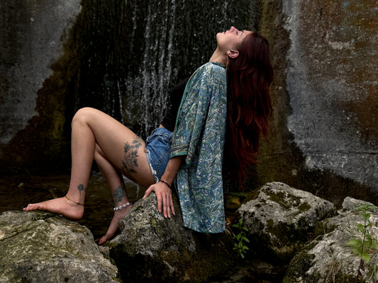 blue orange patterned kimono, blouse, cover-up, light jacket