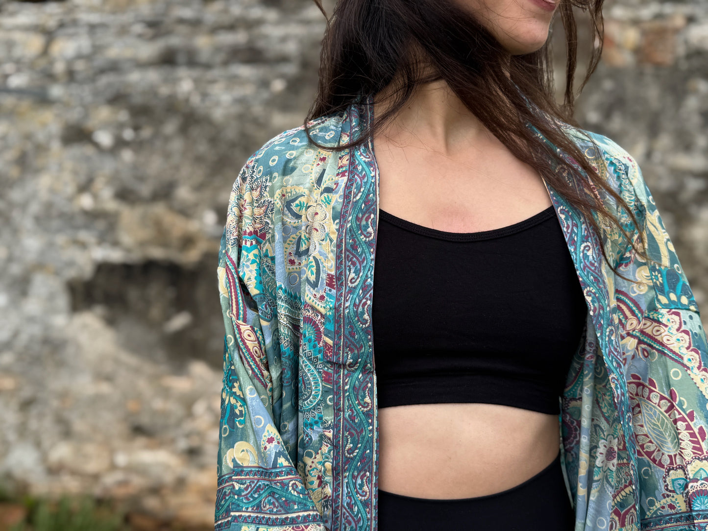 blue orange patterned kimono, blouse, cover-up, light jacket