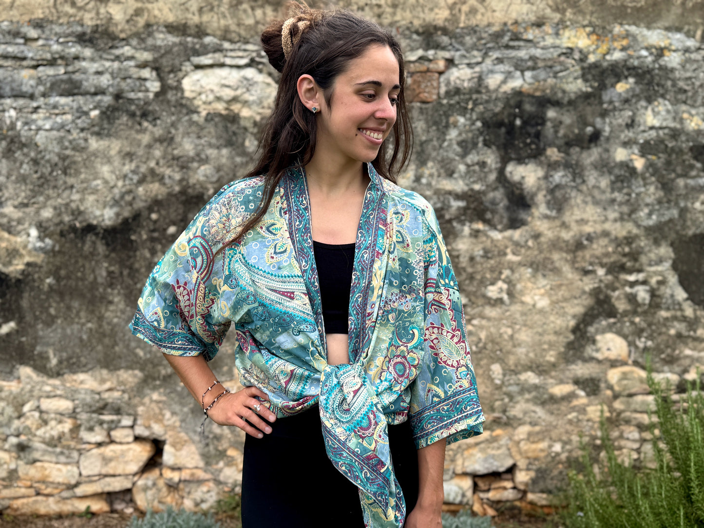 blue orange patterned kimono, blouse, cover-up, light jacket