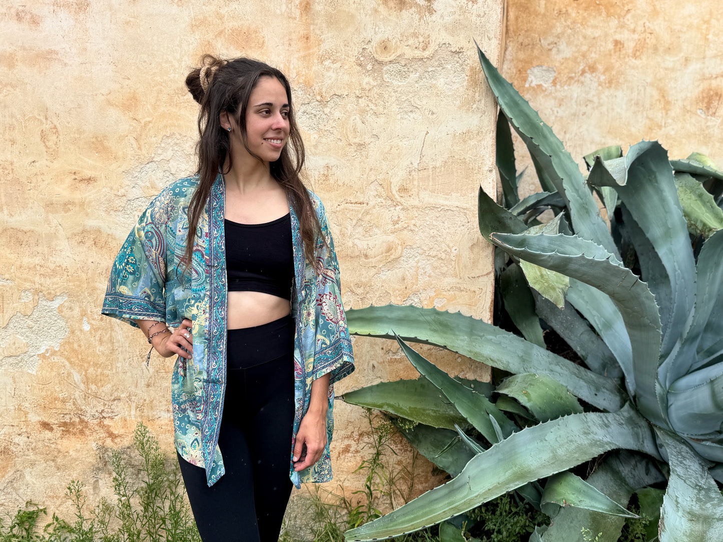 blue orange patterned kimono, blouse, cover-up, light jacket