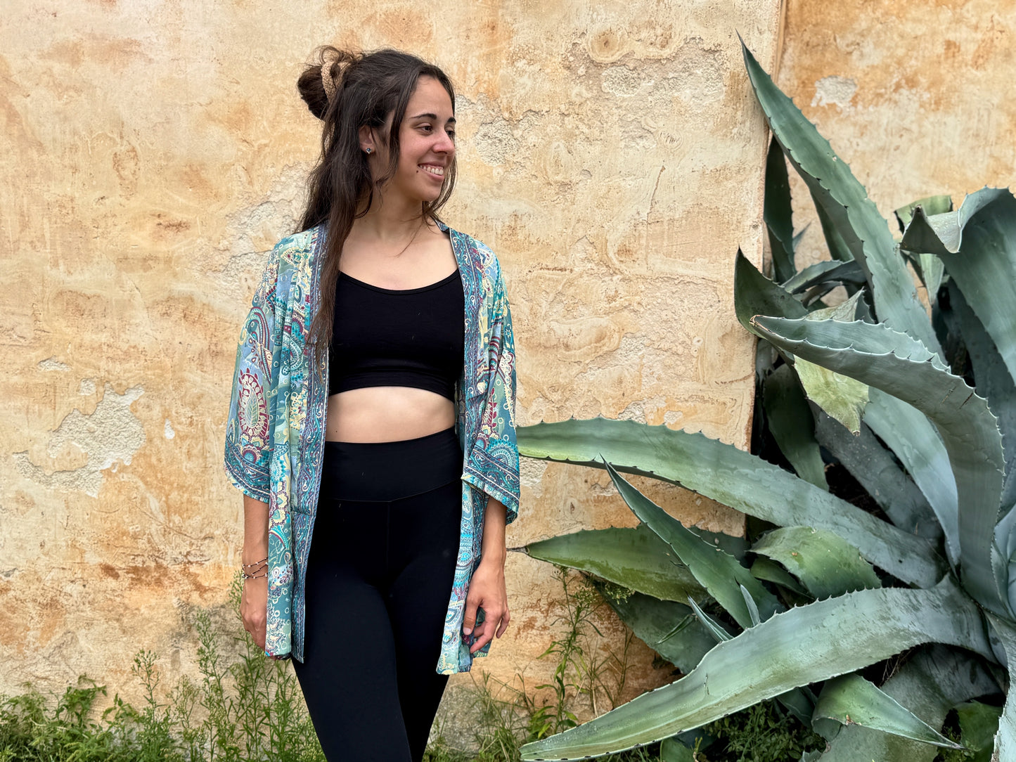 blue orange patterned kimono, blouse, cover-up, light jacket