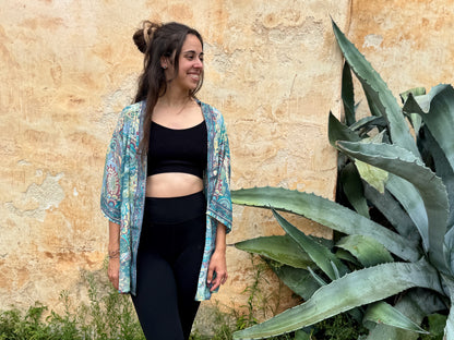 blue orange patterned kimono, blouse, cover-up, light jacket