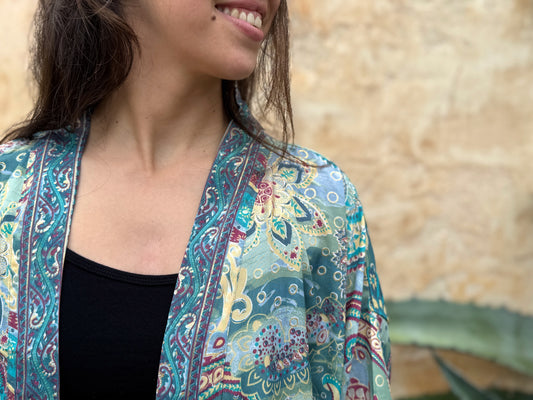 blue orange patterned kimono, blouse, cover-up, light jacket