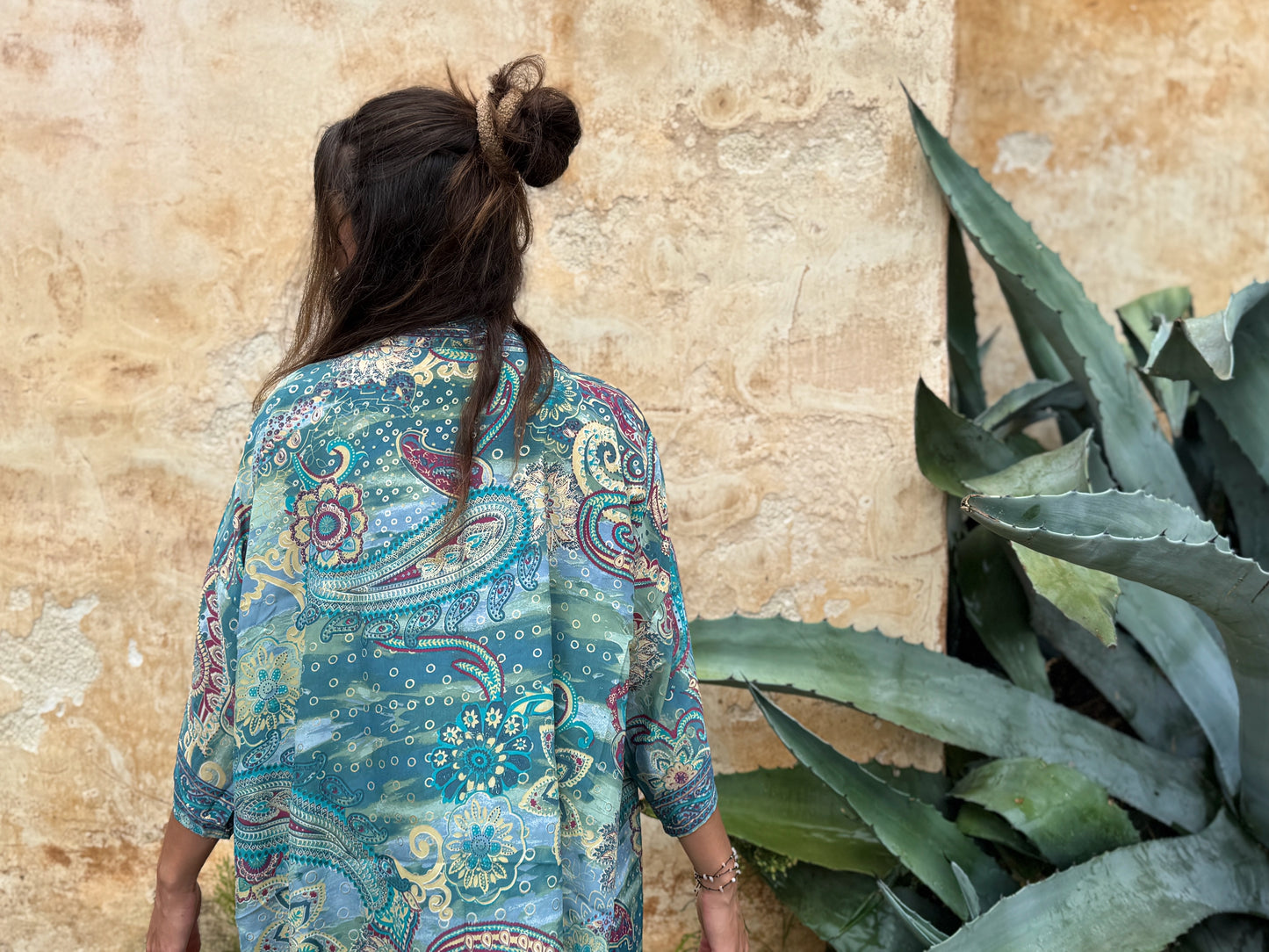 blue orange patterned kimono, blouse, cover-up, light jacket