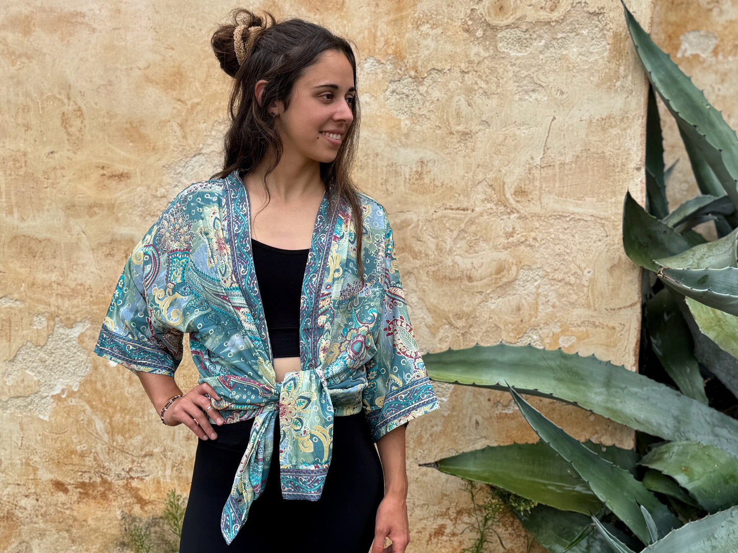 blue orange patterned kimono, blouse, cover-up, light jacket
