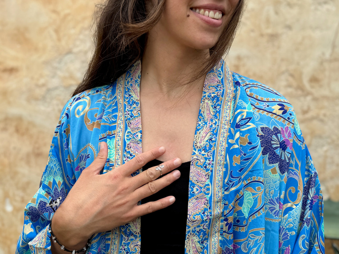 blue orange patterned kimono, blouse, cover-up, light jacket