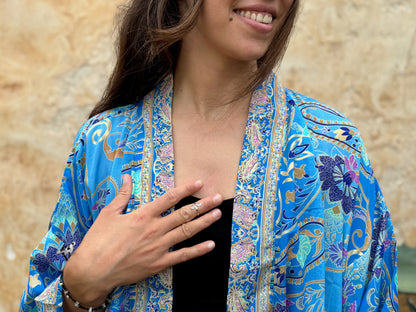 blue orange patterned kimono, blouse, cover-up, light jacket