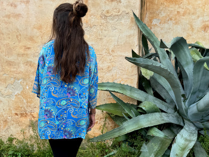 blue orange patterned kimono, blouse, cover-up, light jacket