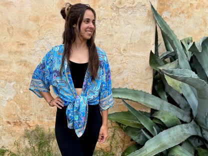 blue orange patterned kimono, blouse, cover-up, light jacket