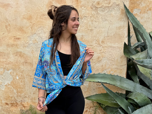 blue orange patterned kimono, blouse, cover-up, light jacket