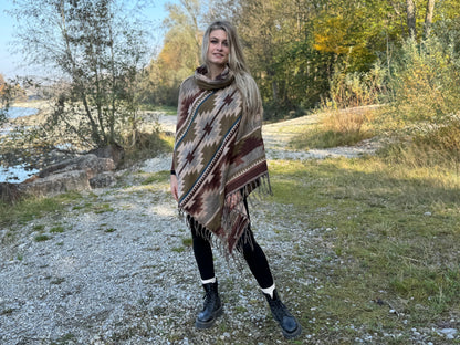 gemütlicher warmer Poncho, Überwurf, Bohemian Poncho, Boho Überwurf olive/beige/dunkelbraun/blau 010