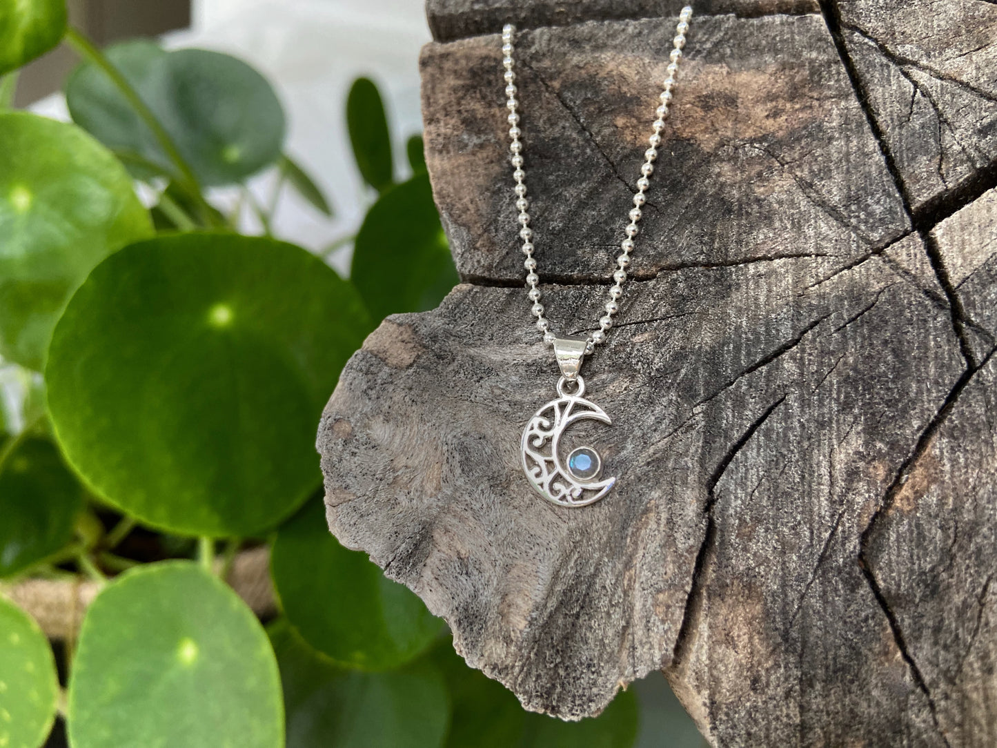 small filigree moon pendant with stone made of silver, crescent moon, moon chain
