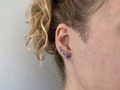 Earclimber earrings with amethyst stones made of silver 