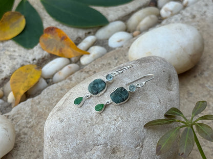 Earrings with raw stone made of silver, aventurine 