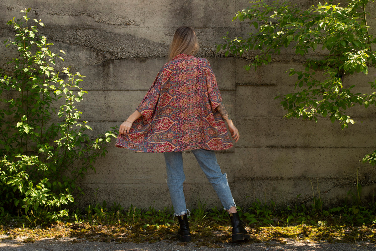 red patterned kimono, blouse, cover-up, light jacket