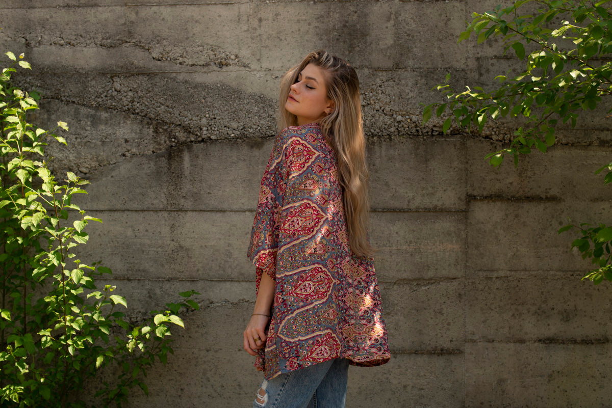 red patterned kimono, blouse, cover-up, light jacket