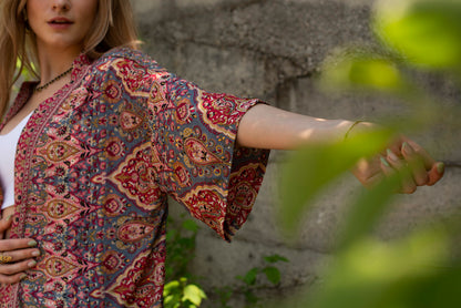 red patterned kimono, blouse, cover-up, light jacket