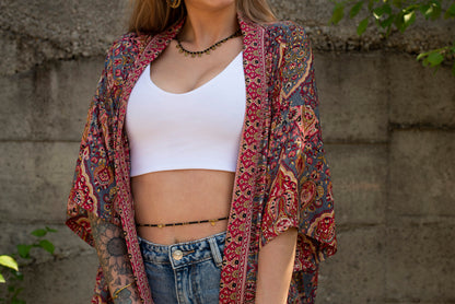 red patterned kimono, blouse, cover-up, light jacket