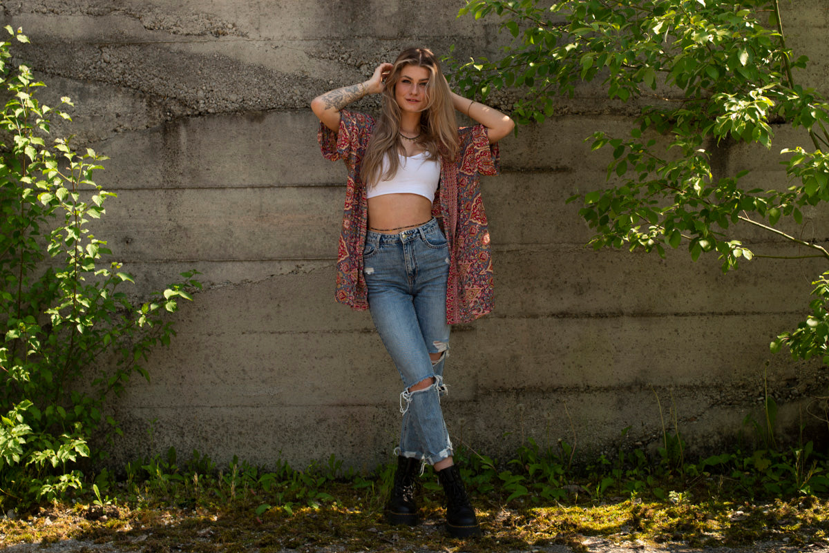 red patterned kimono, blouse, cover-up, light jacket