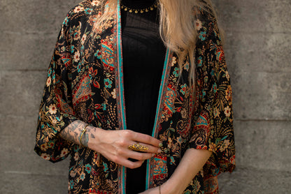black colorful patterned kimono, blouse, cover-up, light jacket