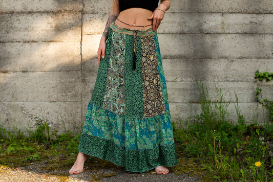long colorful patterned patchwork skirt in green and turquoise tones 