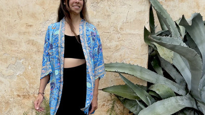 blue orange patterned kimono, blouse, cover-up, light jacket