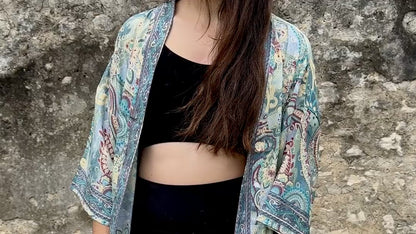blue orange patterned kimono, blouse, cover-up, light jacket