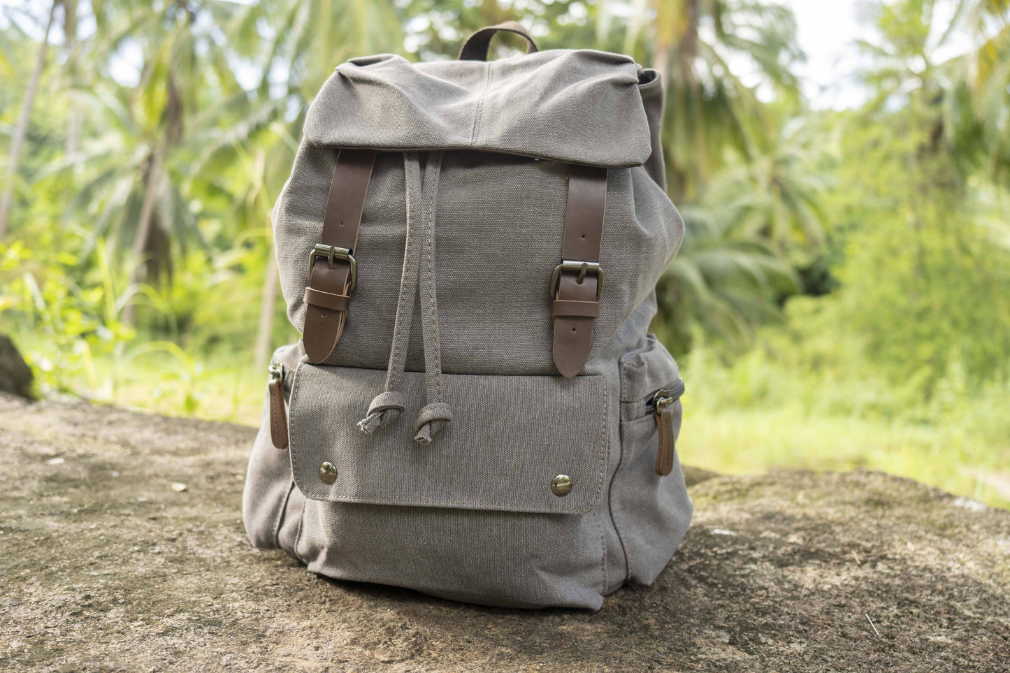 large casual canvas backpack with straps in gray 