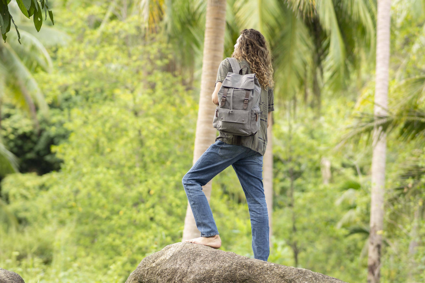 large casual canvas backpack with straps in gray 