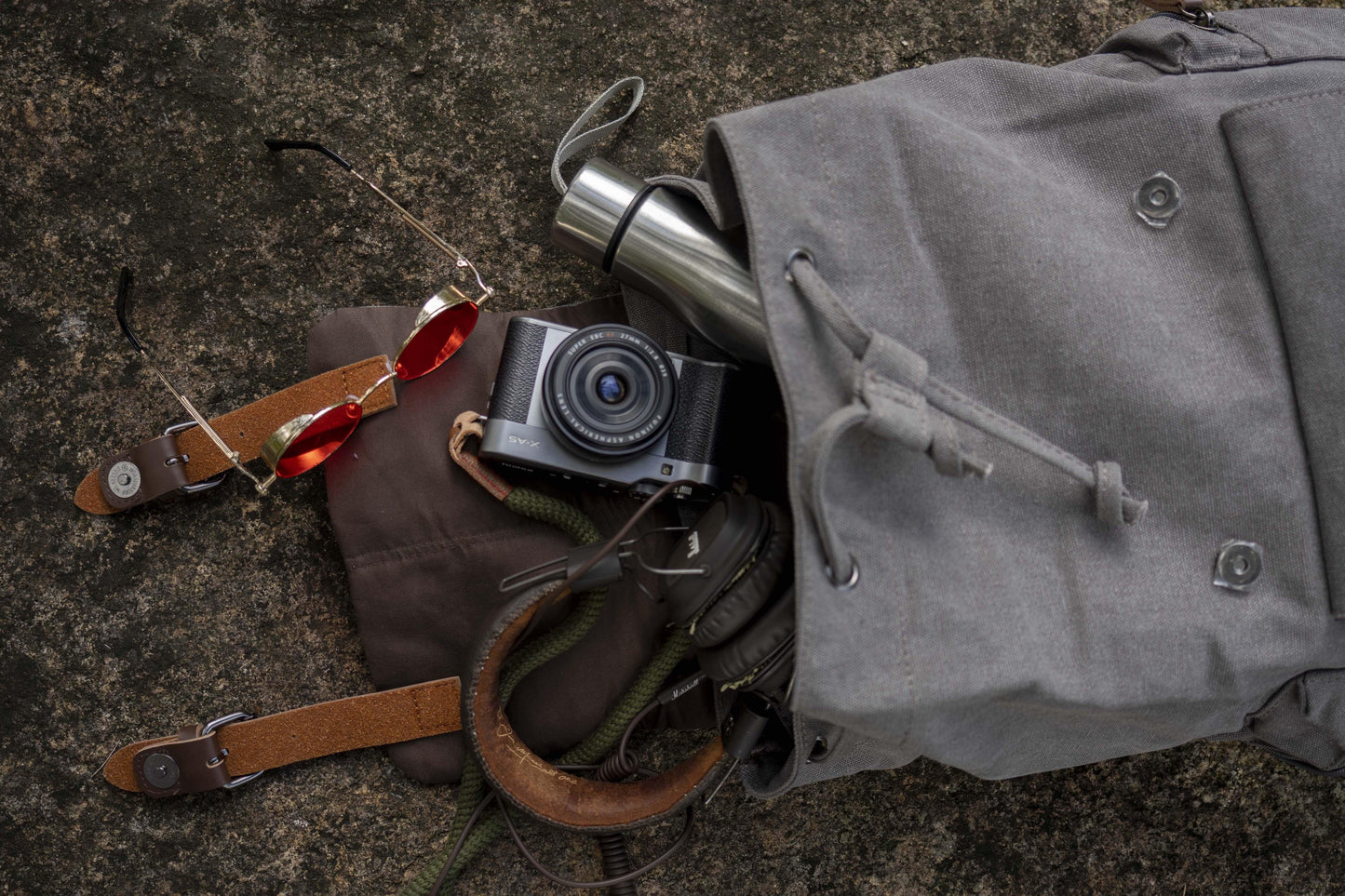 large casual canvas backpack with straps in gray 