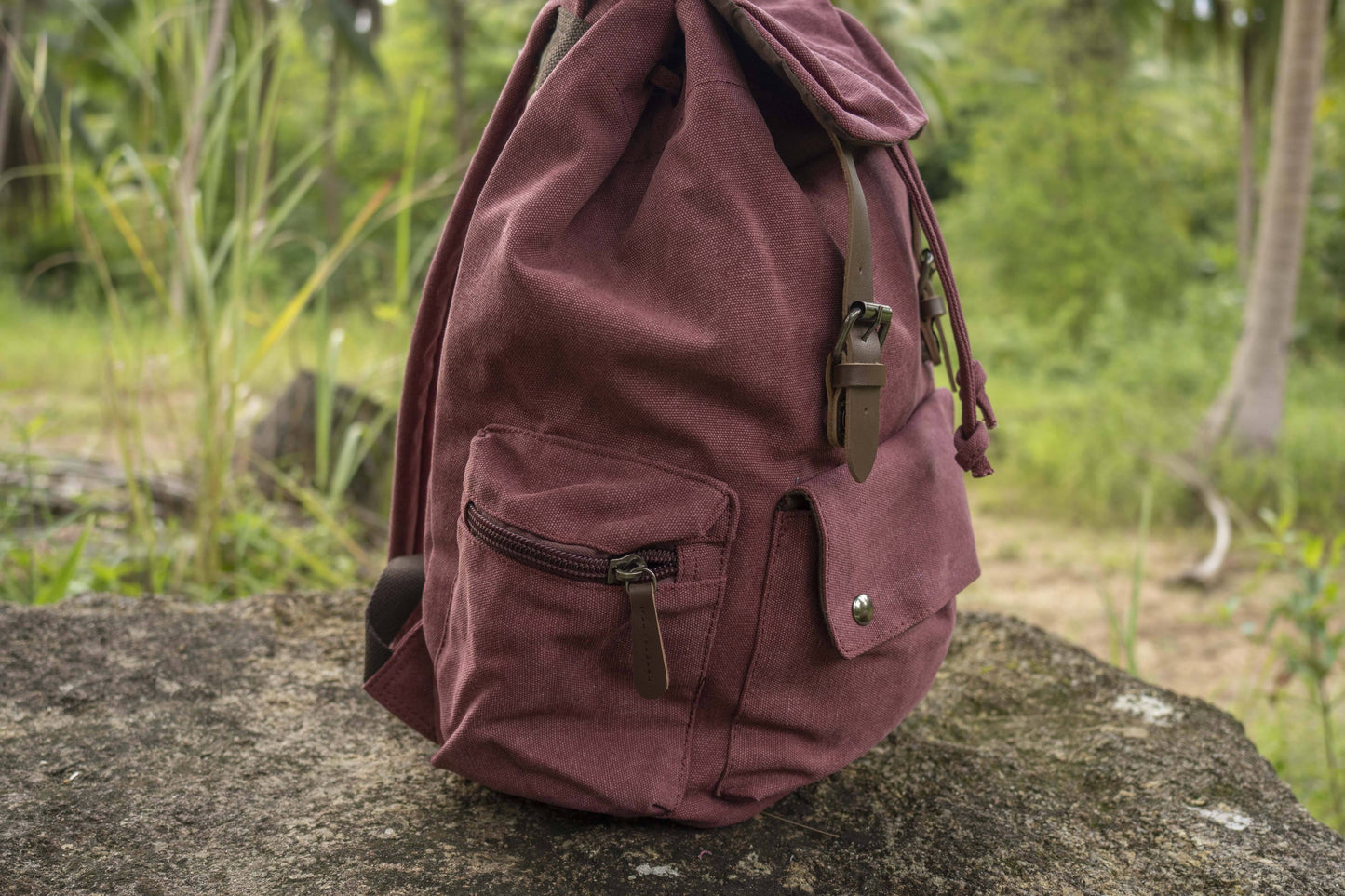 large casual canvas backpack with straps in red 
