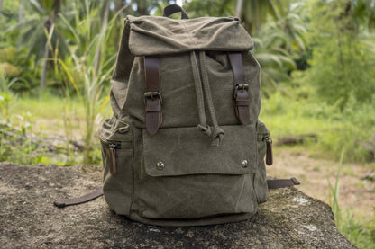 large casual canvas backpack with straps in khaki green