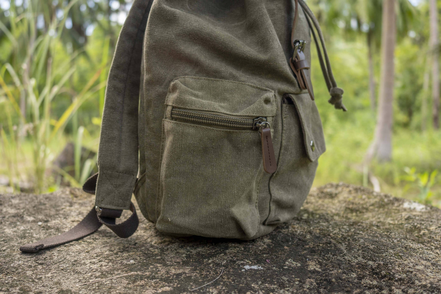 large casual canvas backpack with straps in khaki green