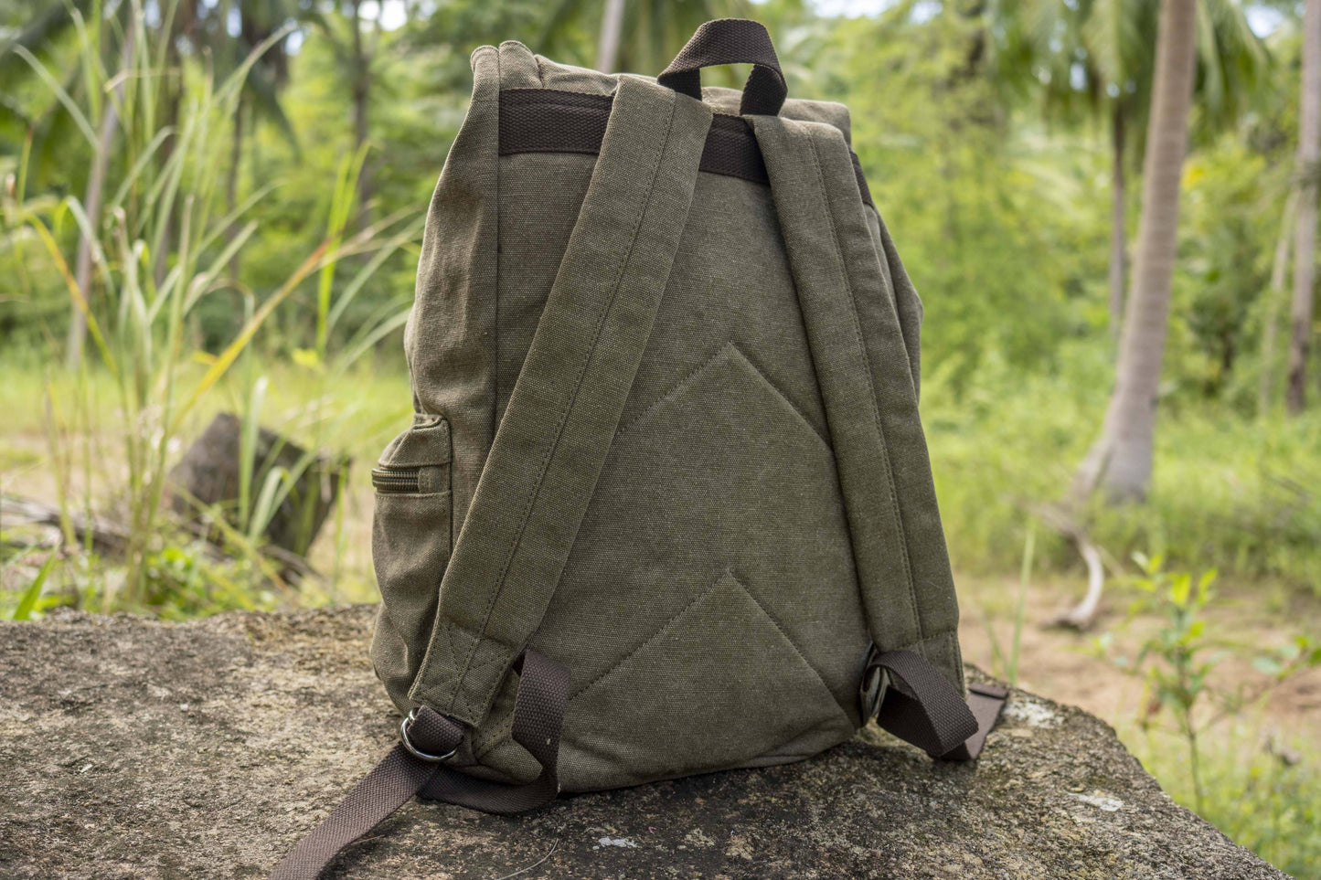 large casual canvas backpack with straps in khaki green