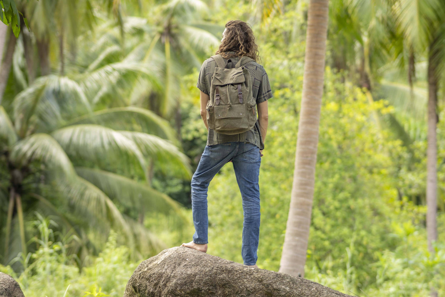 large casual canvas backpack with straps in khaki green