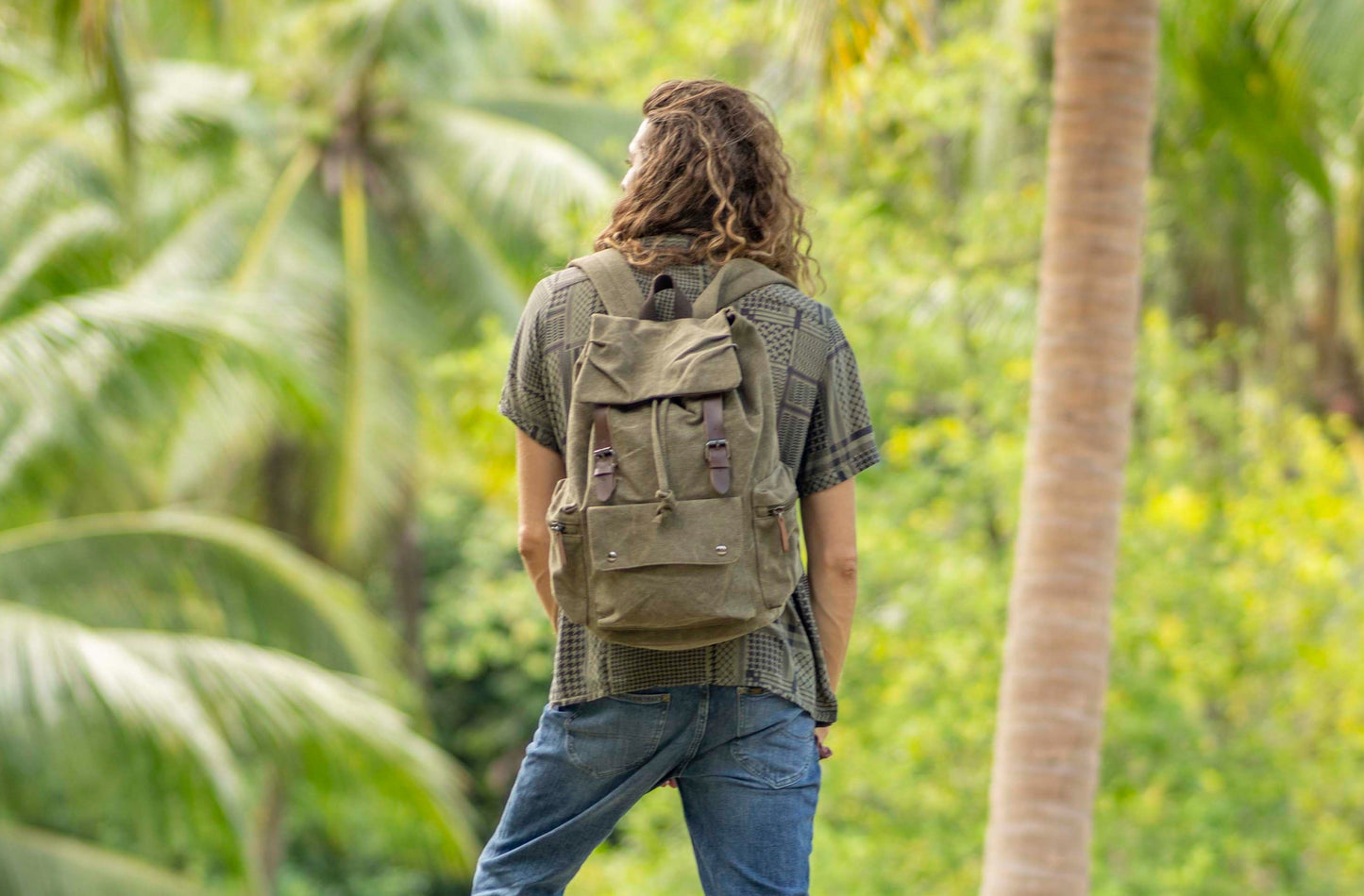 large casual canvas backpack with straps in khaki green