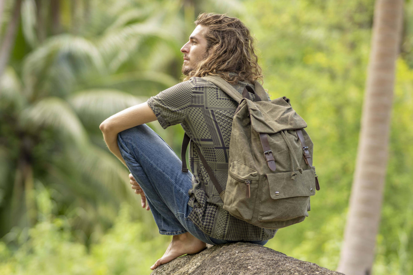 large casual canvas backpack with straps in khaki green