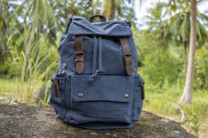 large casual canvas backpack with straps in blue 
