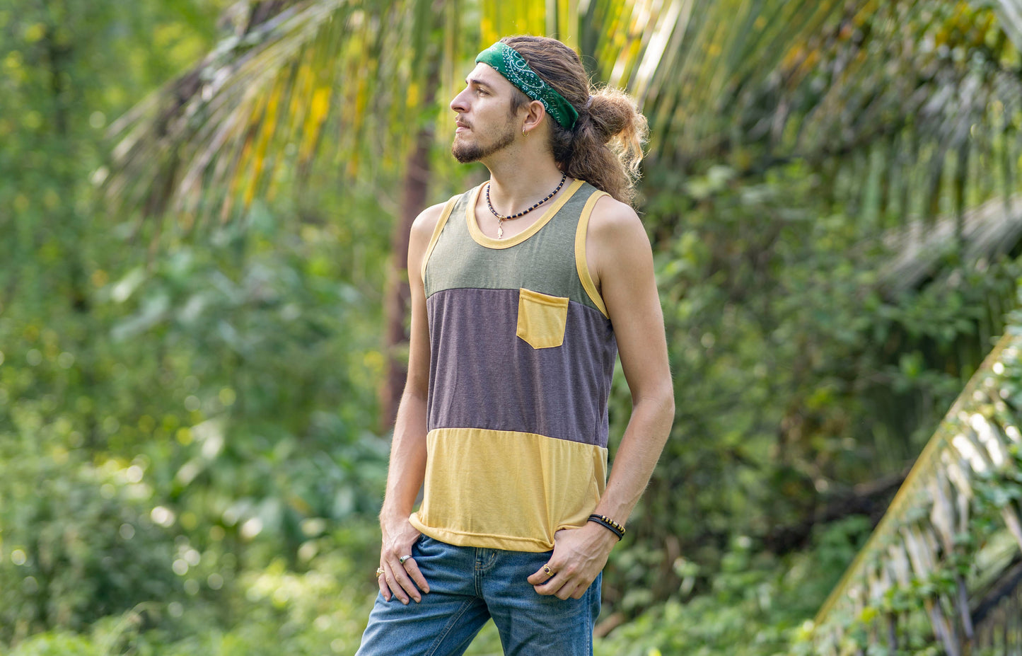 Tri-color tank top with chest pocket for men in yellow