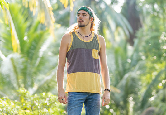 Tri-color tank top with chest pocket for men in yellow