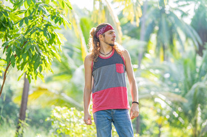 Tri-color tank top with chest pocket for men in red