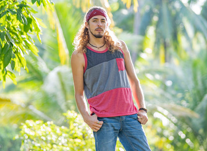 Tri-color tank top with chest pocket for men in red