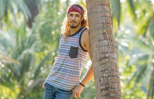 colorful patterned tank top for men with chest pocket in red white blue